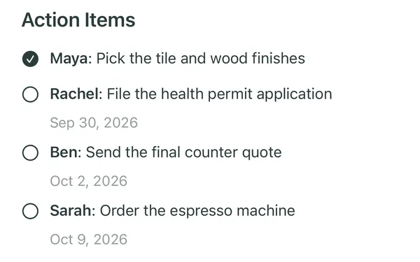 Action items in a note: Maya picks the finishes, Rachel files the health permit by September 30, Ben sends the counter quote, Sarah orders the espresso machine.