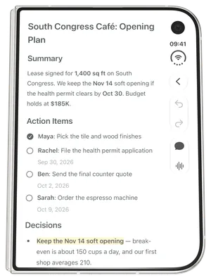 Phrase on iPhone Duo, folded: the café meeting note on the outer display, with the controls in a column beside it.