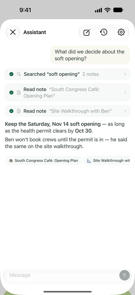 Asking across notes on iPhone: Phrase searched two notes and answered with links to both sources.
