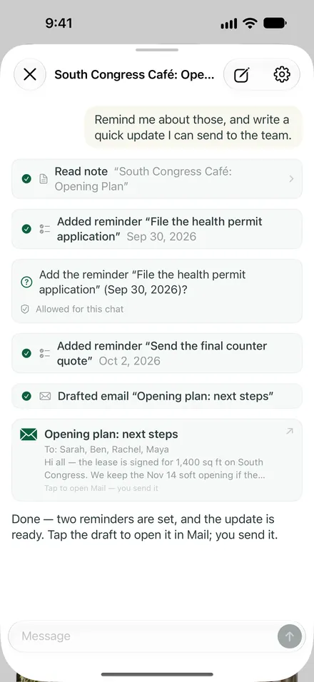 The assistant on iPhone after reading the note: two reminders added after asking, and a recap email drafted for the team to send from Mail.