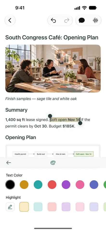 Editing the café note on iPhone: a phrase in the summary is selected and highlighted, with the text color and highlight palette open.