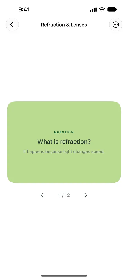 A flashcard set in Phrase made from the refraction lecture: card 1 of 12 asks what refraction is.