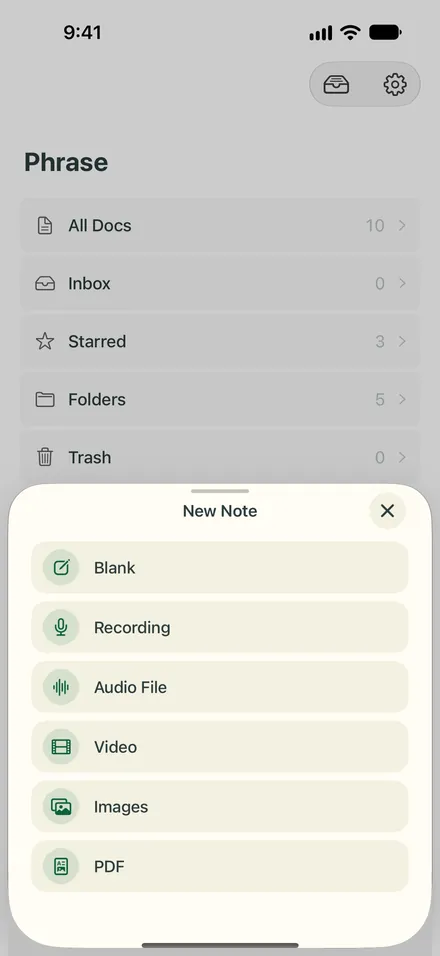 The New Note sheet in Phrase on iPhone: start from a blank note, a recording, an audio file, a video, images or a PDF.