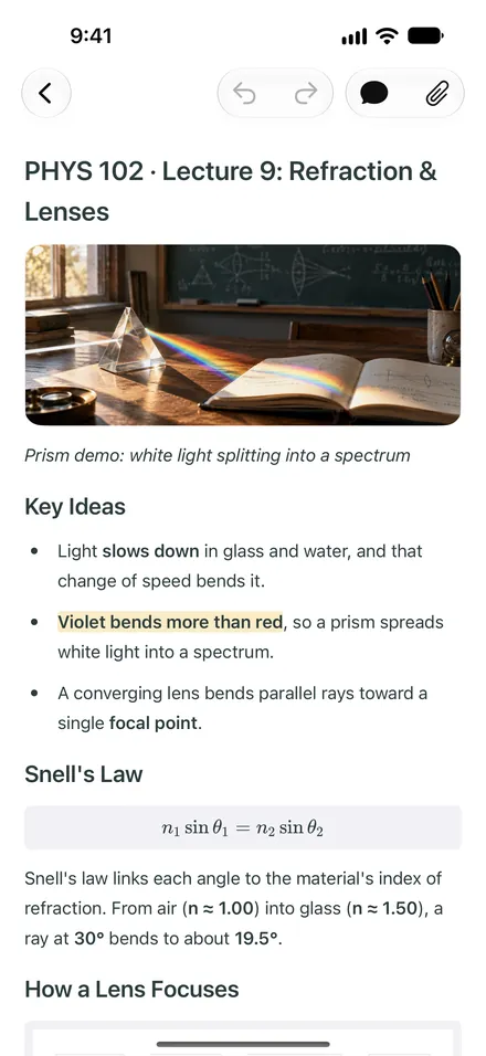 A lecture note in Phrase on iPhone: PHYS 102, Lecture 9, with a photo of the prism demo, the key ideas and Snell’s law.