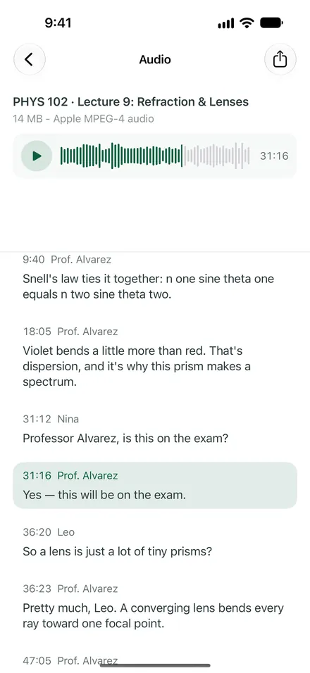 The source viewer for PHYS 102, Lecture 9: the lecture audio and a timestamped transcript, with the professor’s line about the exam highlighted while it plays.