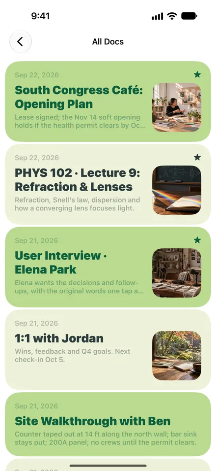 The Phrase library on iPhone: notes from a café meeting, a physics lecture, a user interview and a one-to-one.