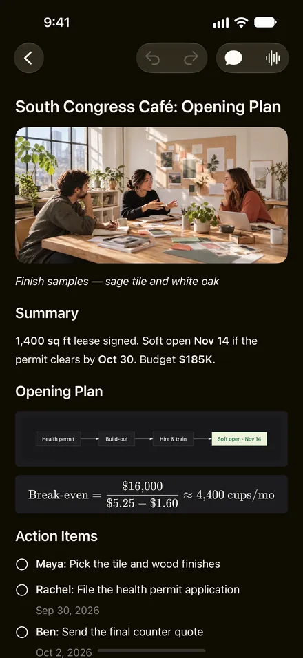 The meeting note on iPhone in dark mode: the photo of the finish samples, the summary, the opening plan as a flowchart, the break-even formula and the action items.