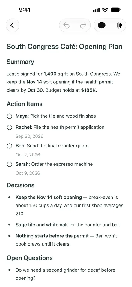 A meeting note on iPhone: summary, action items with owners and dates, decisions and open questions.