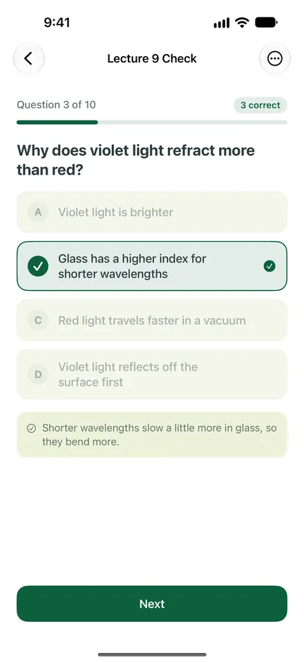 A quiz in Phrase made from the same lecture: question 3 of 10, answered correctly, with three correct so far.