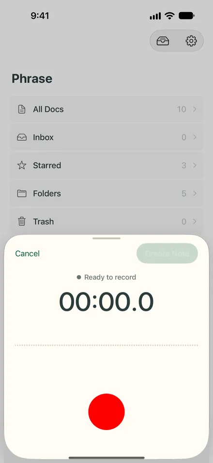 The recording sheet in Phrase on iPhone, ready to record, with a large red record button.