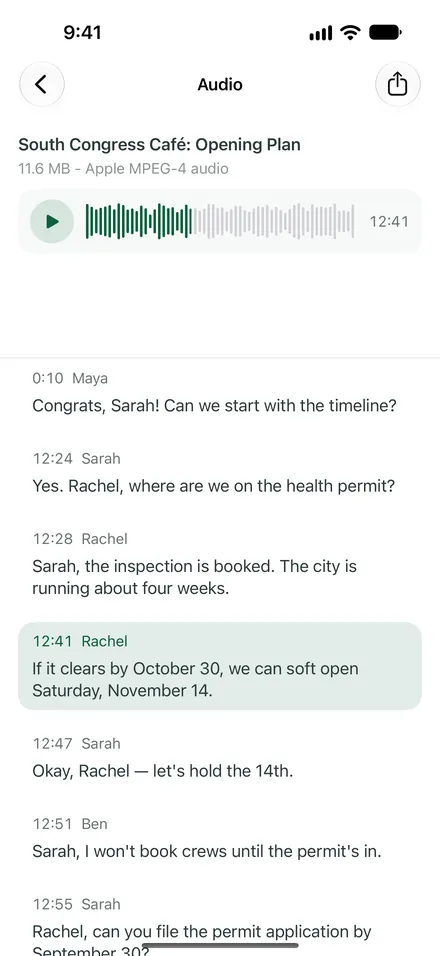 The transcript of the meeting on iPhone, with Rachel’s line at 12:41 highlighted while the audio plays.