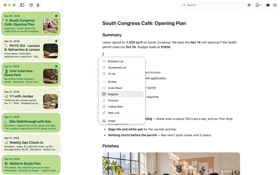 The insert menu in Phrase for Mac: to-do, divider, code block, diagram, formula, linked note, web link and image.