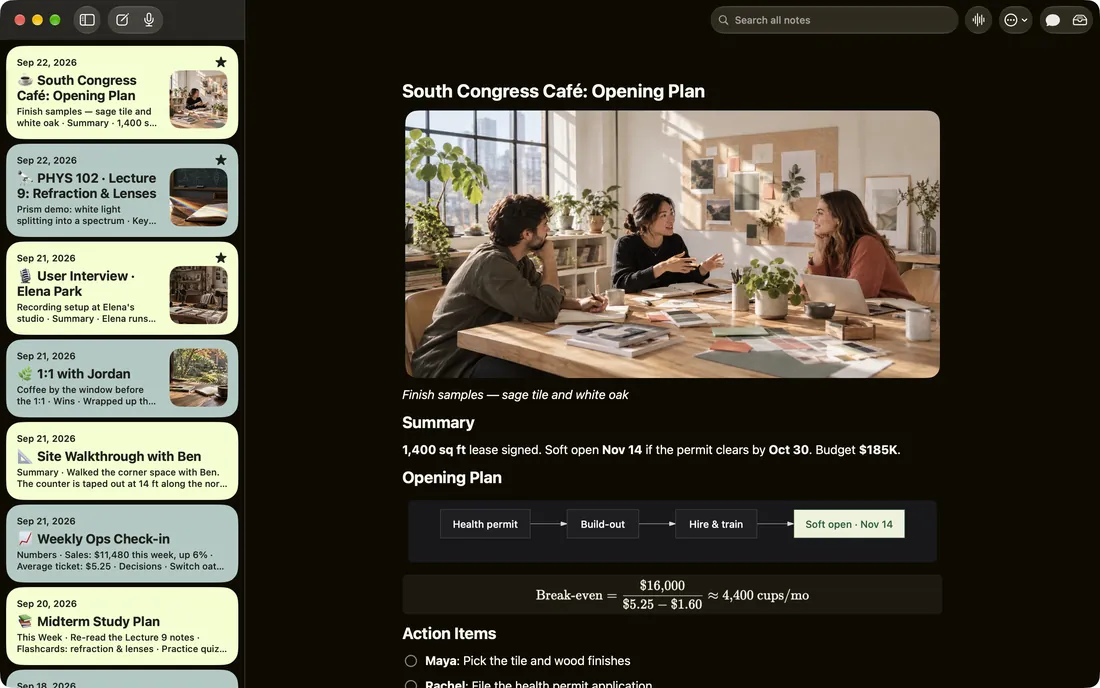 Phrase for Mac in dark mode on a MacBook Pro, showing the café note synced from iPhone.