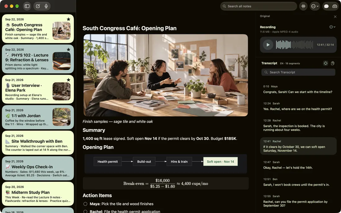Phrase for Mac in dark mode: the café note beside its transcript, with Rachel’s line at 12:41 highlighted.