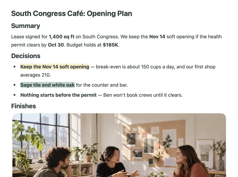 The café opening plan in Phrase for Mac: the summary, the decisions with two phrases highlighted in different colors, and a photo of the finish samples.