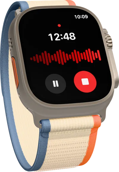 Phrase recording on Apple Watch Ultra: a 12:48 timer, a live waveform, and pause and stop buttons.