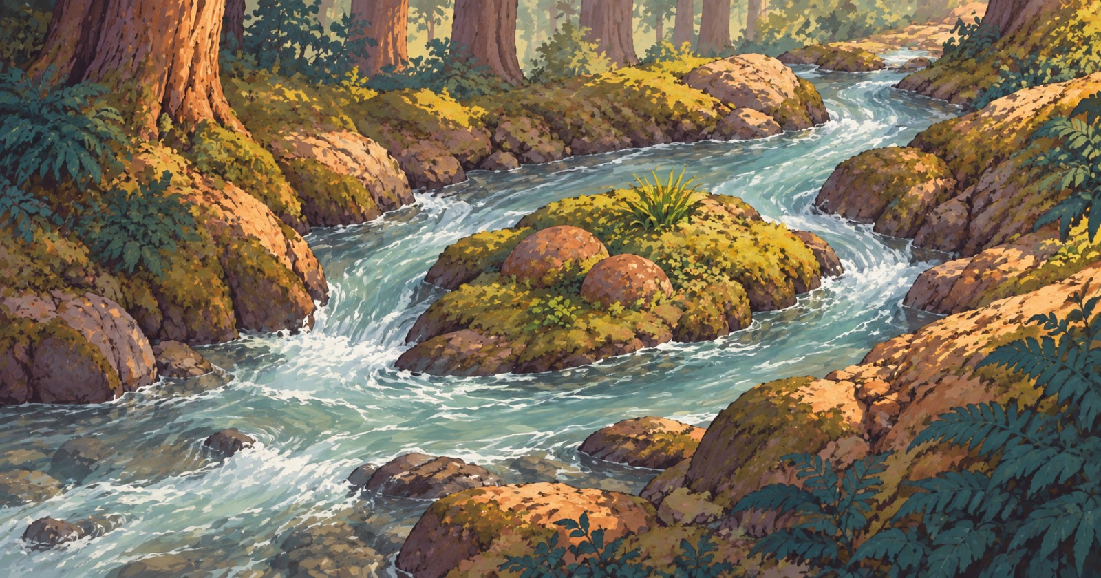 A woodland creek splits around a mossy island and rejoins beyond it.
