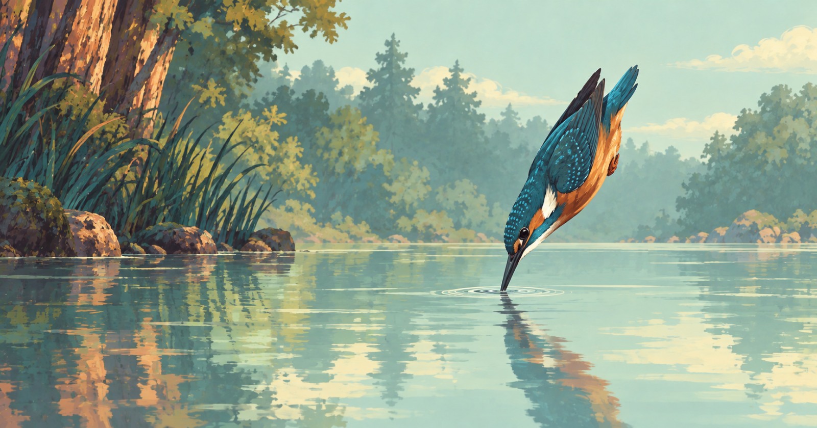 A kingfisher dives toward a woodland pool, its beak touching one small ripple on the surface.