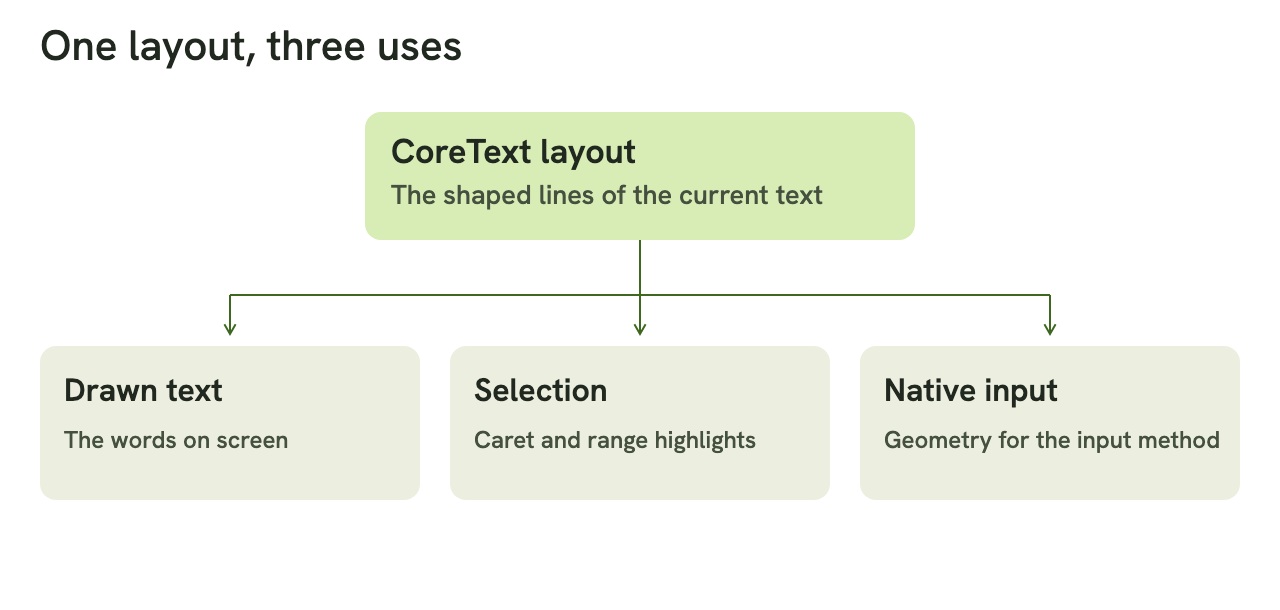 A shared CoreText layout supplies the drawn text, caret and selection highlights, and the geometry used by native input methods.