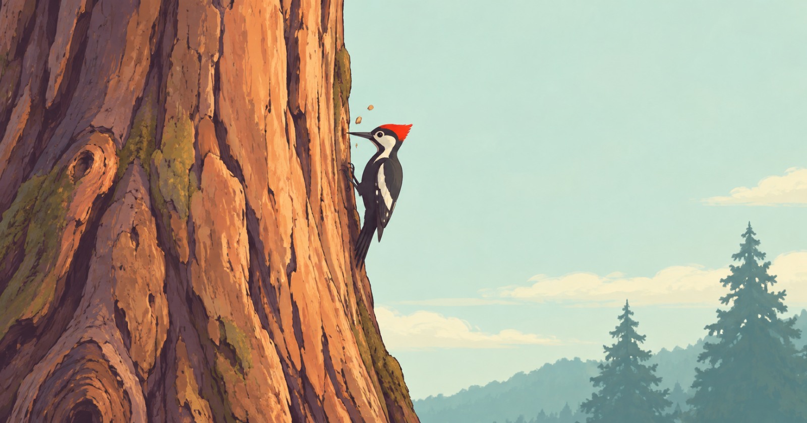A red-crested woodpecker taps one small spot on a vast tree trunk above a pale green forest.