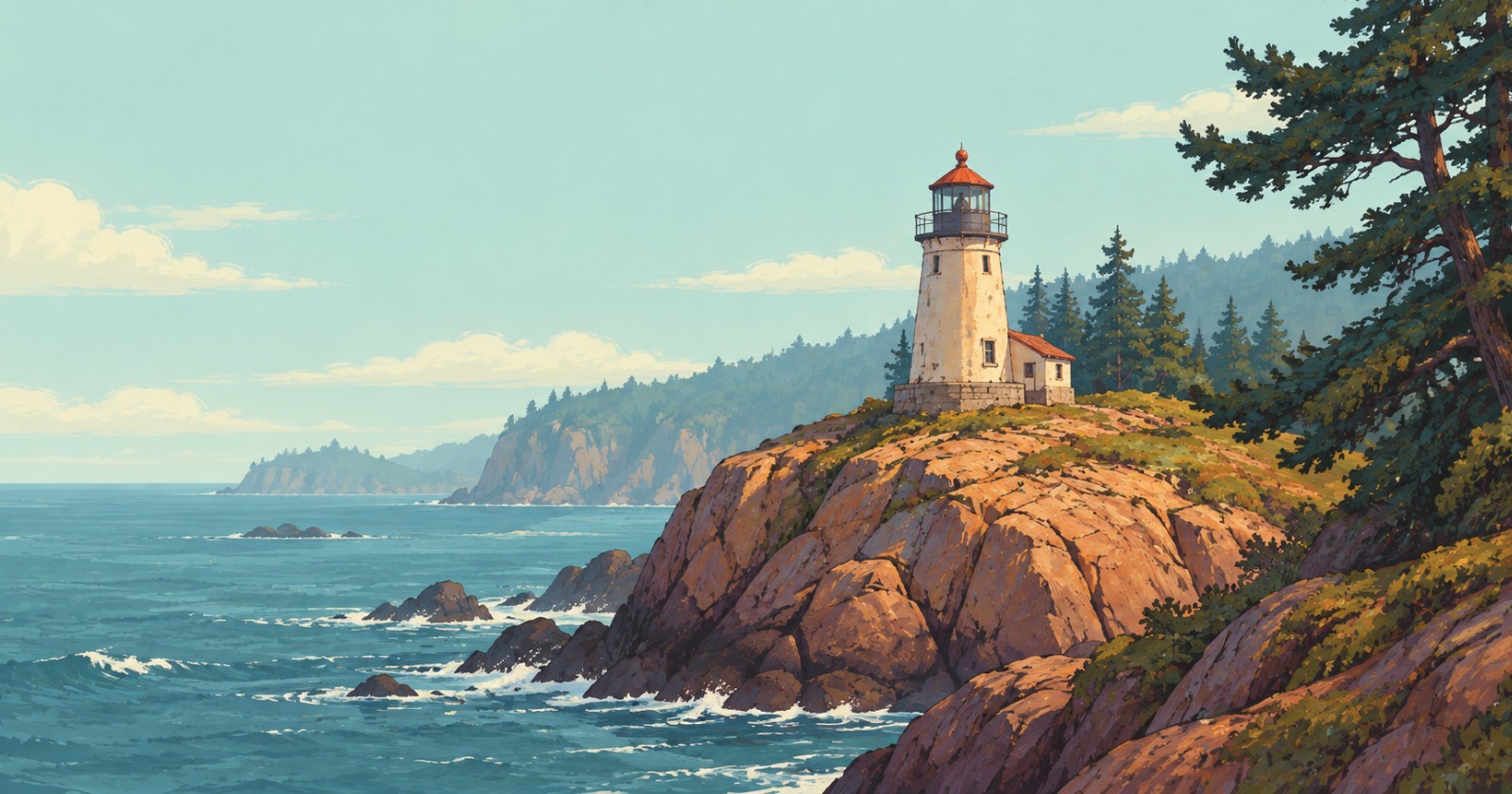 A lighthouse stands on a warm rocky headland above a blue-green sea and distant forested cliffs.