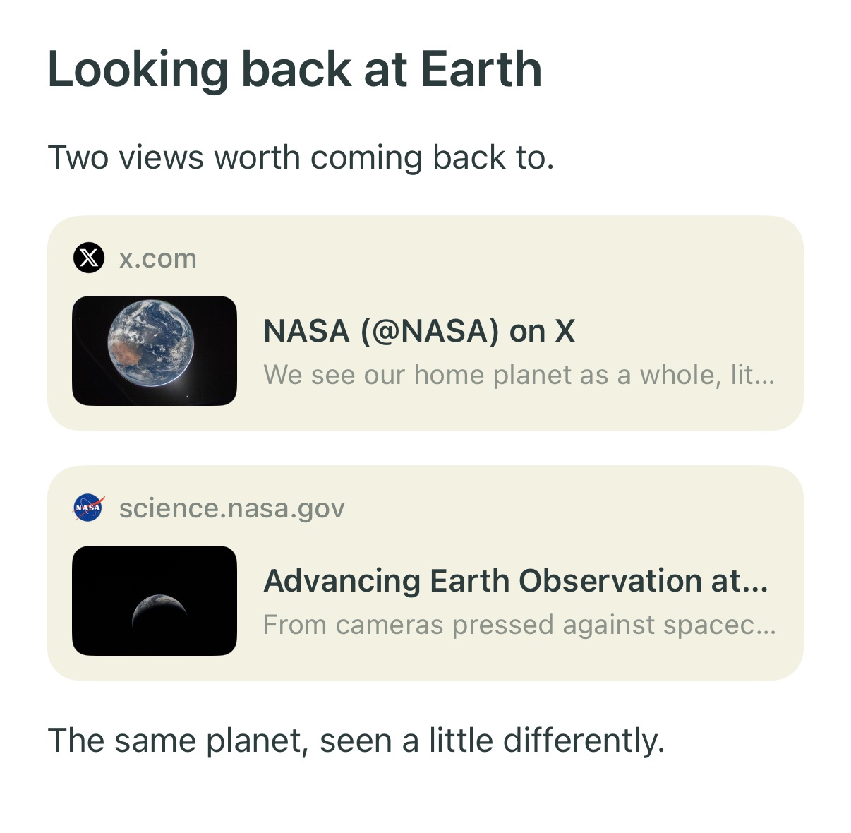 Phrase's native link cards showing a NASA post on Twitter and a related NASA article, with fetched titles and image previews.