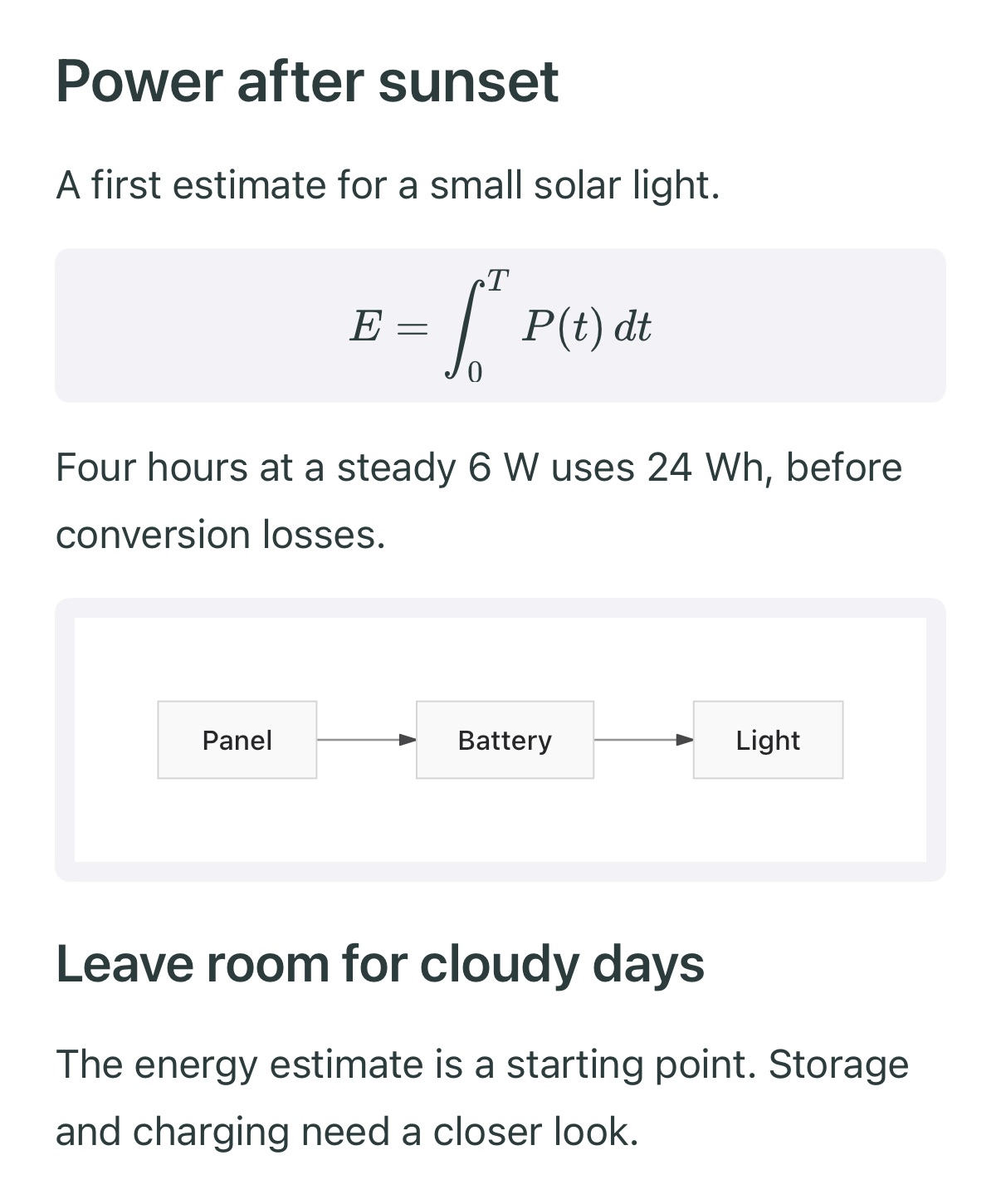 A sample energy calculation in Phrase, with a typeset formula and a Mermaid diagram connecting a panel, battery and light.
