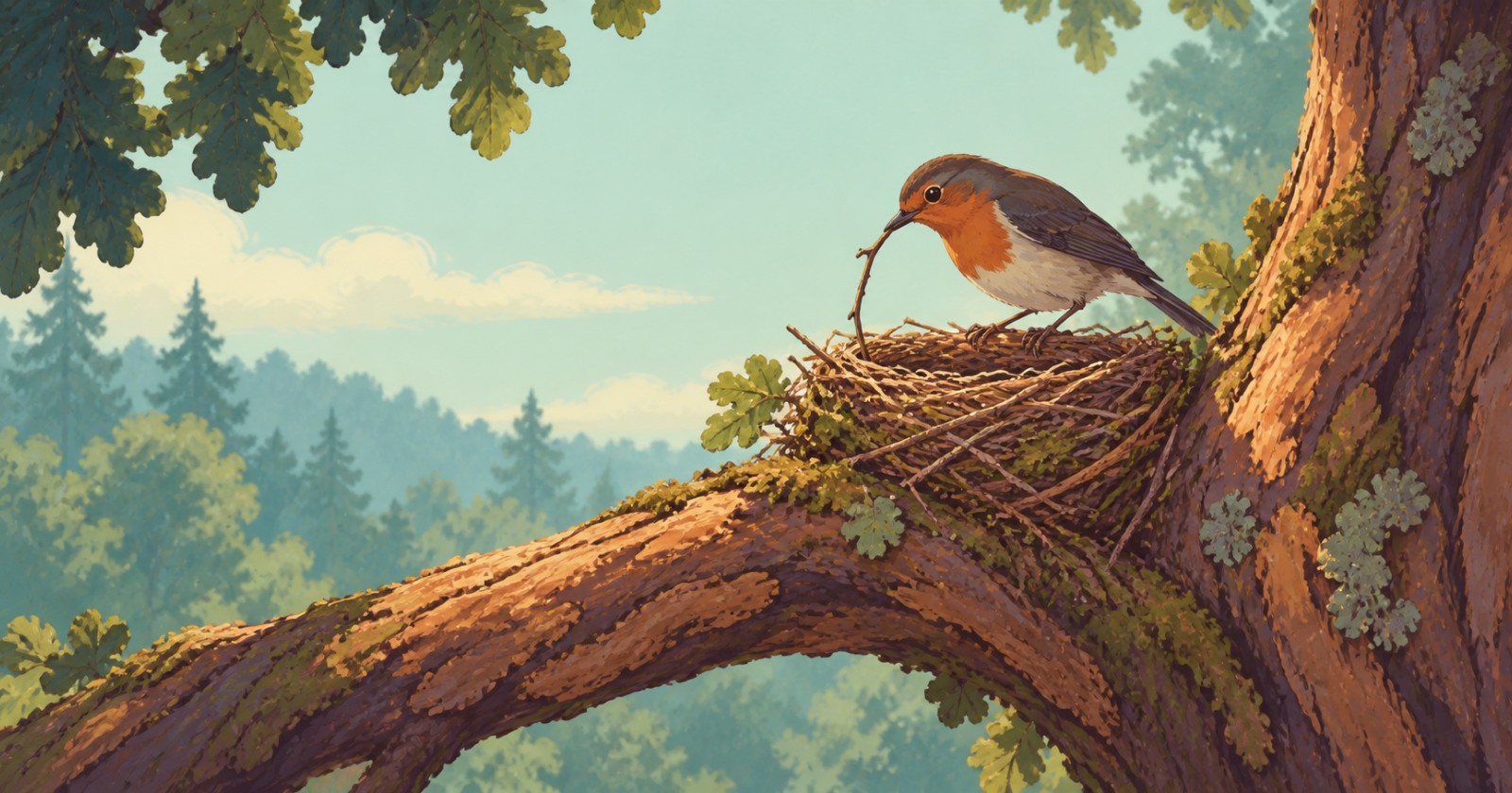 A small songbird adds a twig to its nest in the fork of a sunlit tree.