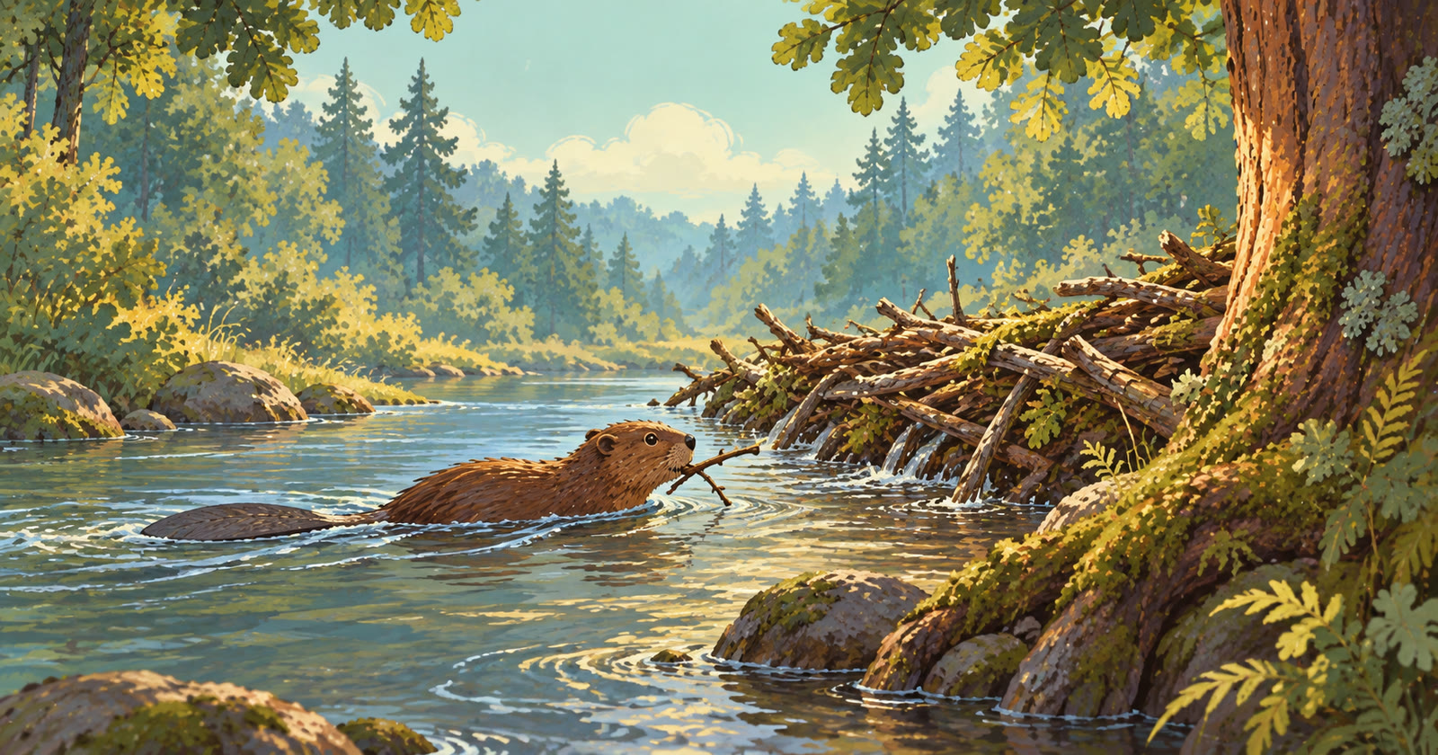 A beaver carries a branch toward a low timber dam in a sunlit woodland stream.