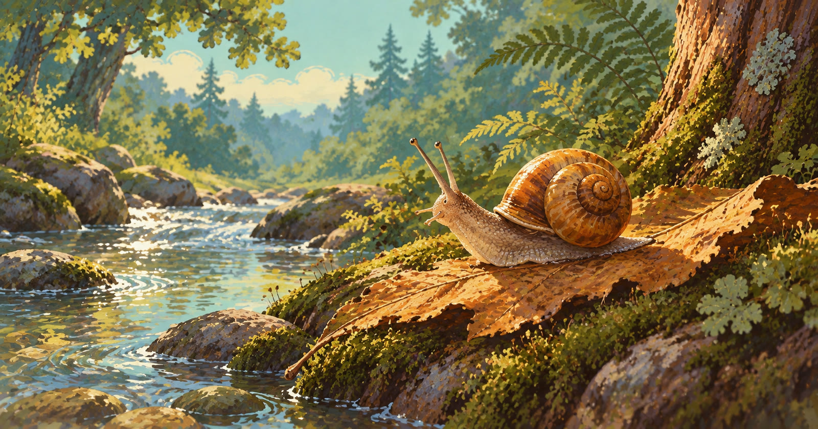 A spiral-shelled snail crosses a fallen leaf beside a clear woodland stream.