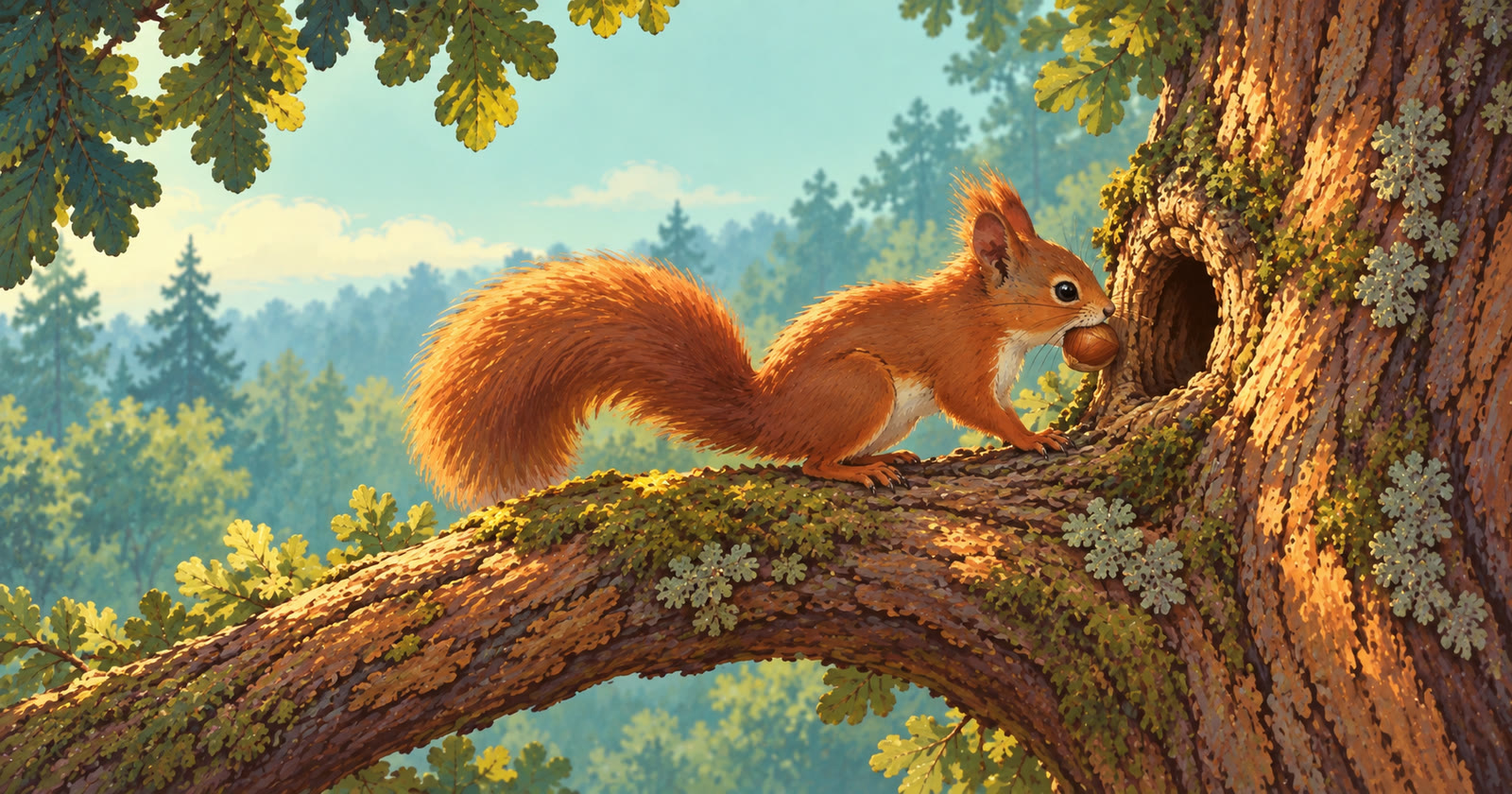 A red squirrel stores a hazelnut in a hollow in a sunlit woodland tree.