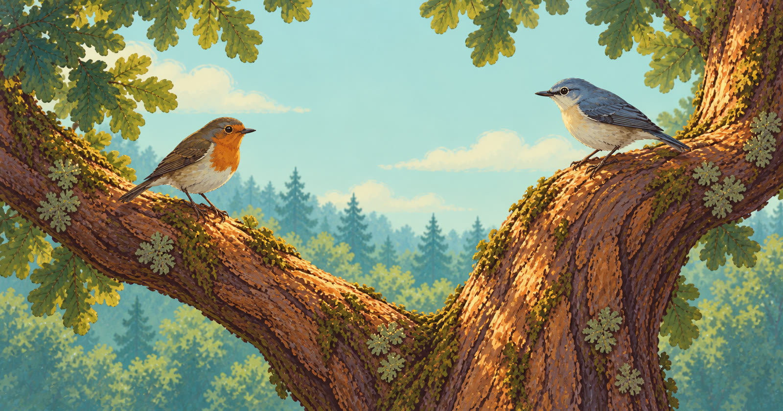 Two small songbirds perch on branches growing from the same sunlit tree.