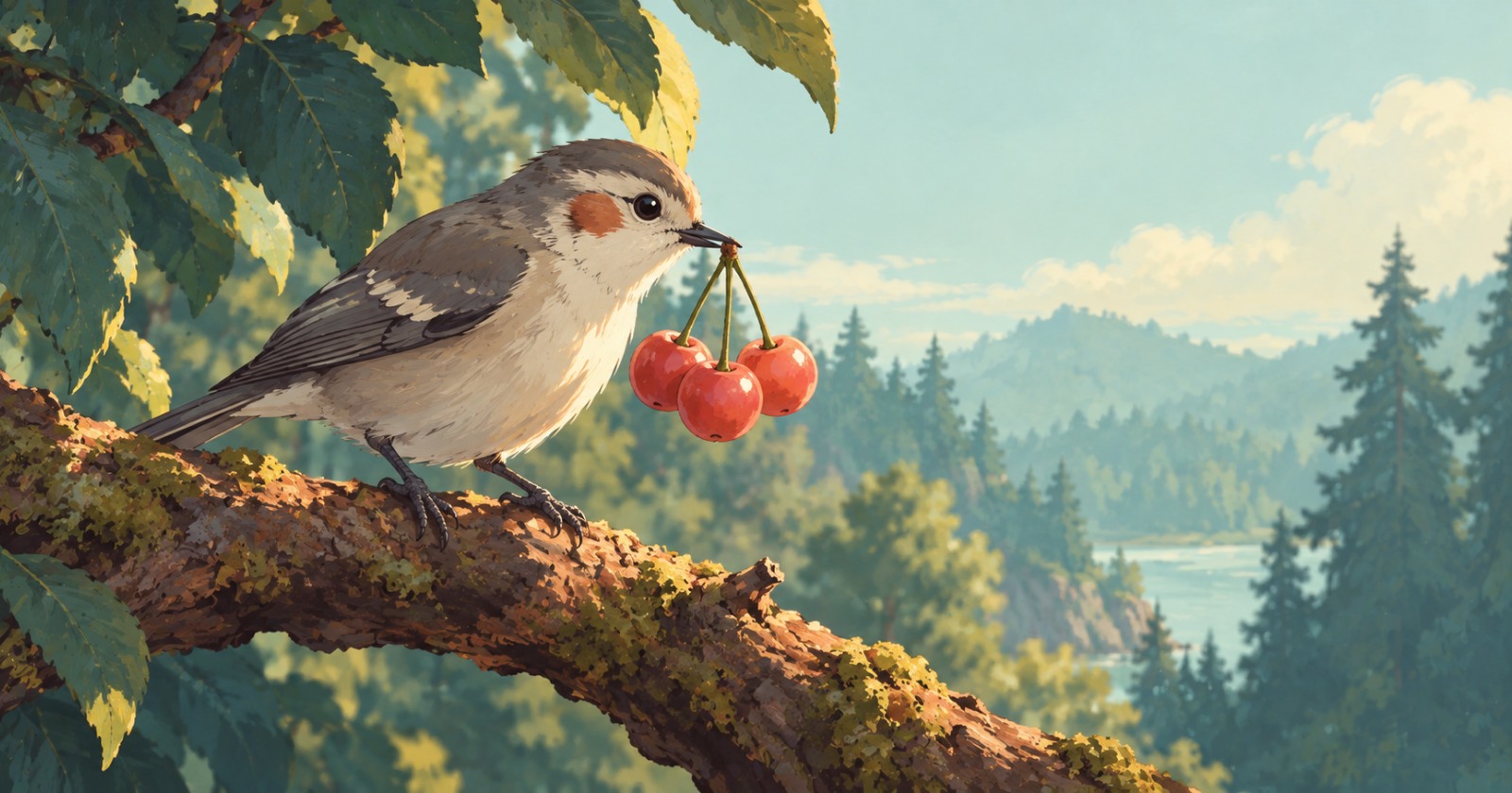 A woodland bird holds three cherries together by their joined stems while perched on a branch.