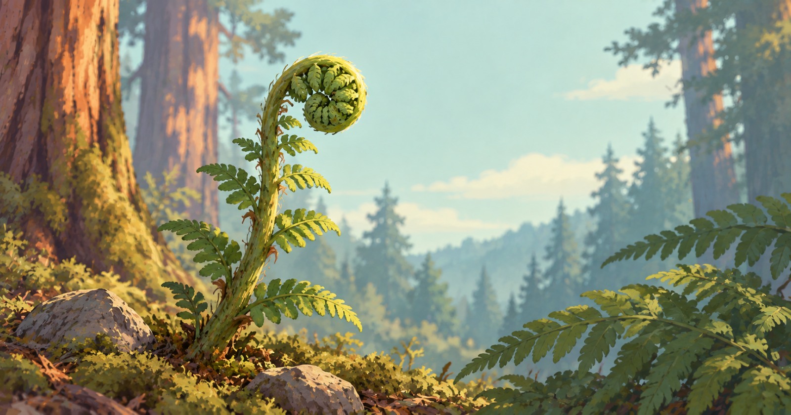 A young fern frond unfurls in a sunlit forest, its growing tip still curled into a spiral.