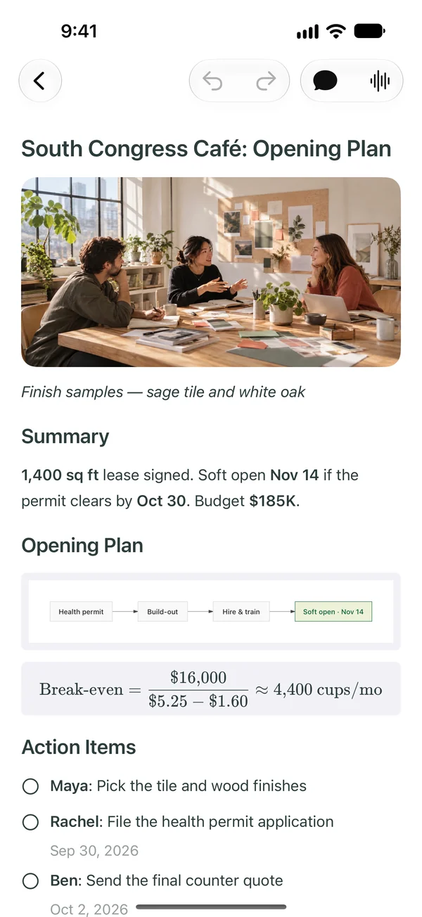 A meeting note on iPhone with a photo, a summary, a flowchart, a formula and to-dos.