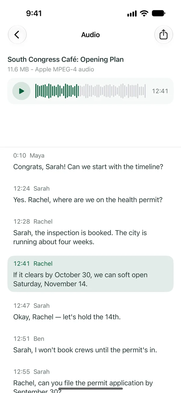 The transcript of a recording on iPhone, with the audio player and speaker names.