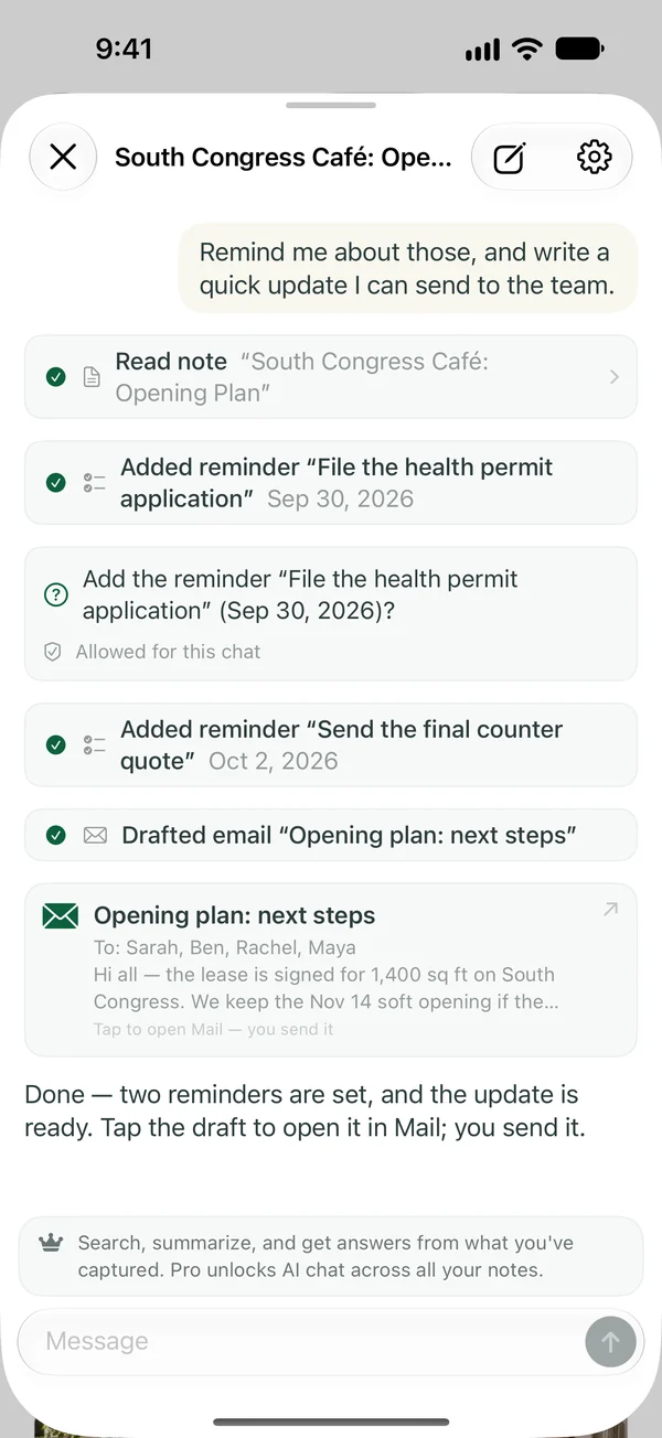 The assistant on iPhone, after adding two Reminders and drafting a recap email.